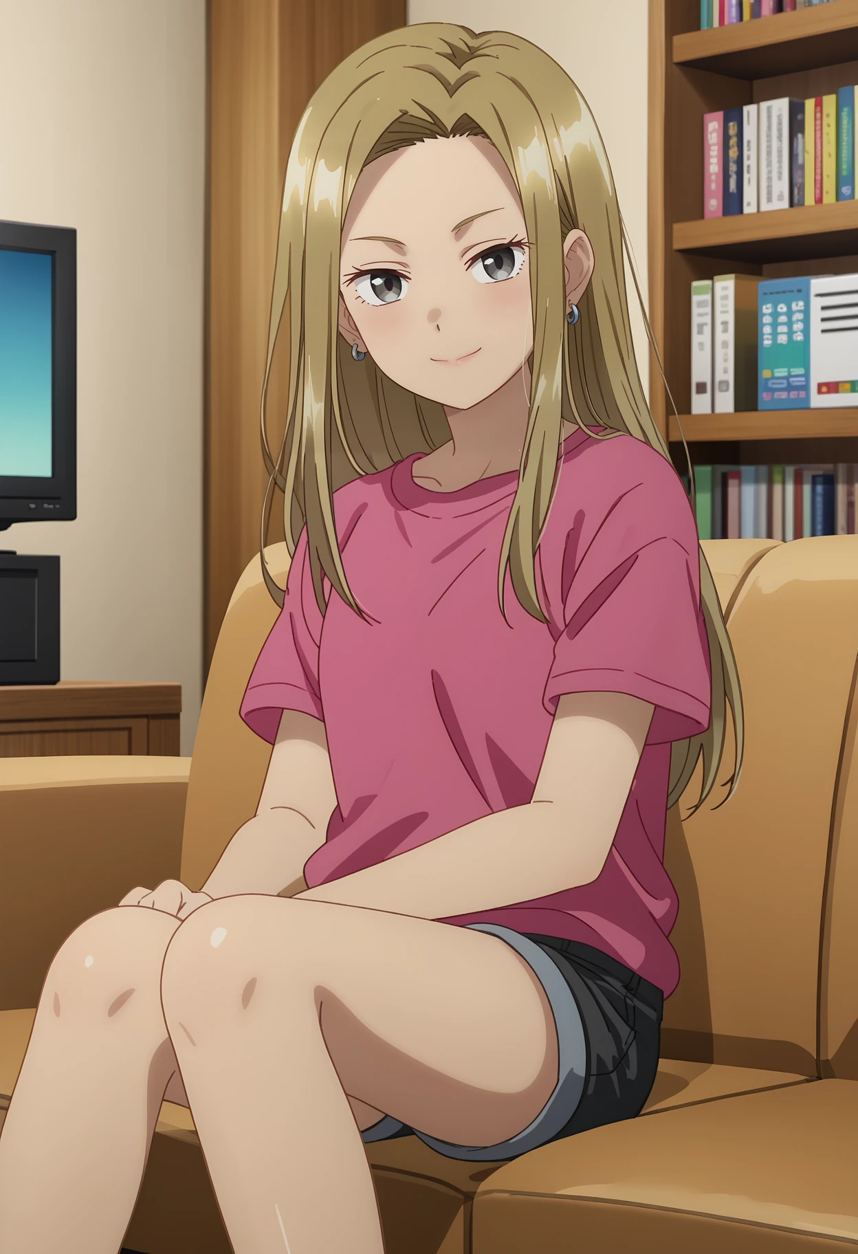 score_7_up, anime screencap,
<lora:HigeHiro_AsamiYuukiXL:0.9>, AsamiYuuki,
1girl, solo, closed mouth, light smile,
dark skin, long hair, blonde hair, forehead, grey eyes, earrings,
t+-shirt, pink shirt, short shorts, black shorts,
sitting, looking at viewer,
blurry background, indoors, couch, bookshelf, television