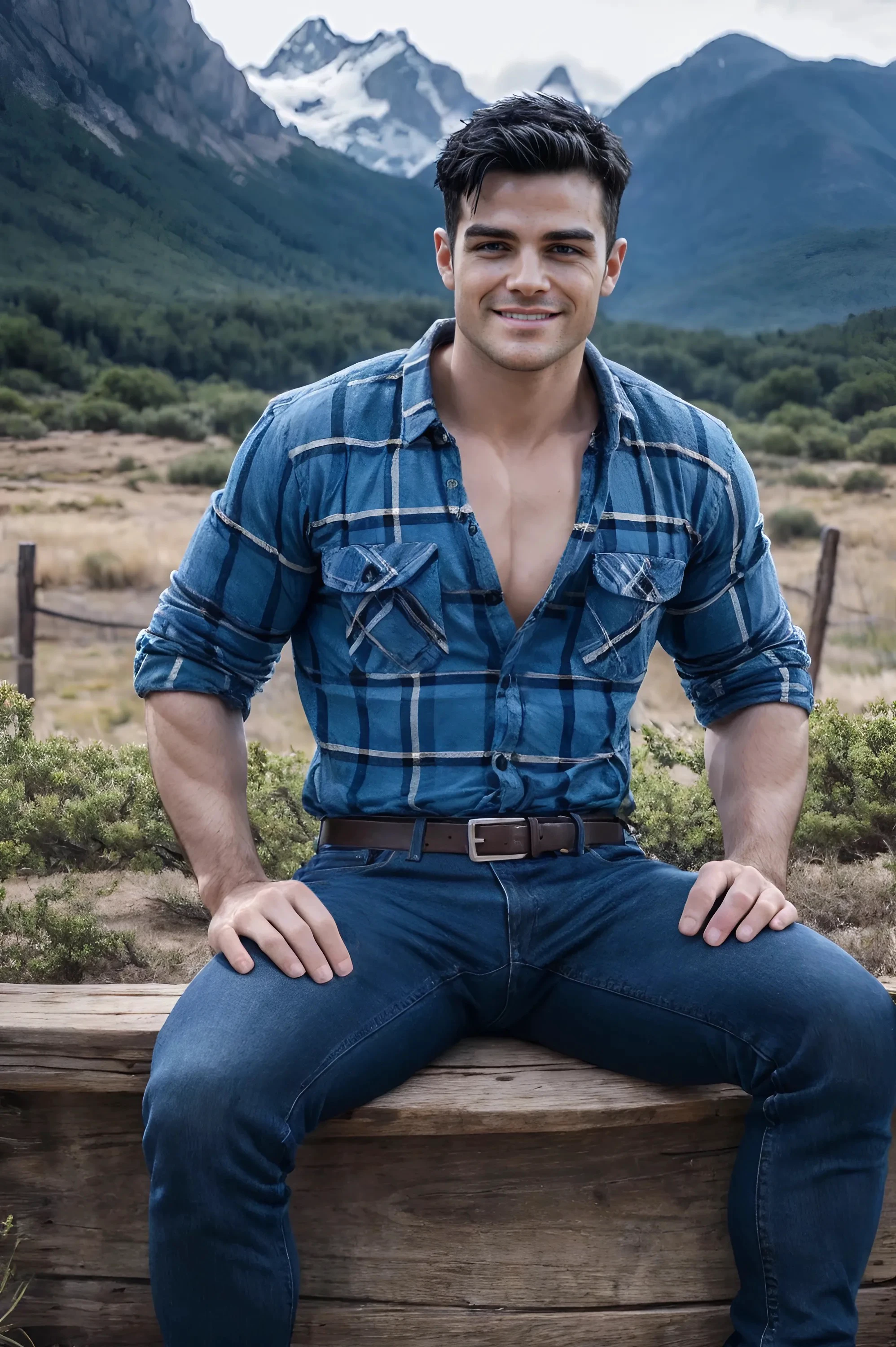 Joshua Orpin, ((masterpiece)), ((best quality:1.2)), High Resolution, 8k, full body image, (ultra_realistic:1.3), (photorealistic:1.4), sharp focus, 1boy, (perfect face), wide angle, handsome outdoors, (sitting on a corral fence:1.2), mountains in the background, smiling, ((wearing a tight blue flannel shirt:1.2)), denim jeans, belt, shiny silver belt buckle, blue eyes, short black hair, muscular build, solo, 1boy, broad shoulders, smirking,