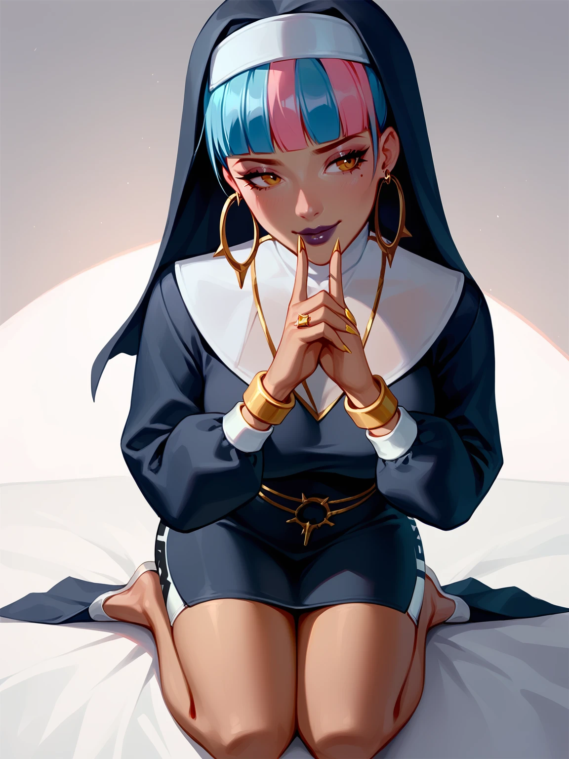 score_9, score_8_up, score_7_up, BREAK, Qiyana True Damage, 1girl, solo, single hair bun, blue and pink hair, multicolored hair, nun clothes, Religious habit, shy smile, looking away, sitting on her legs, kneeling, hands folded in a prayer gesture <lora:QiyanaTD:1>