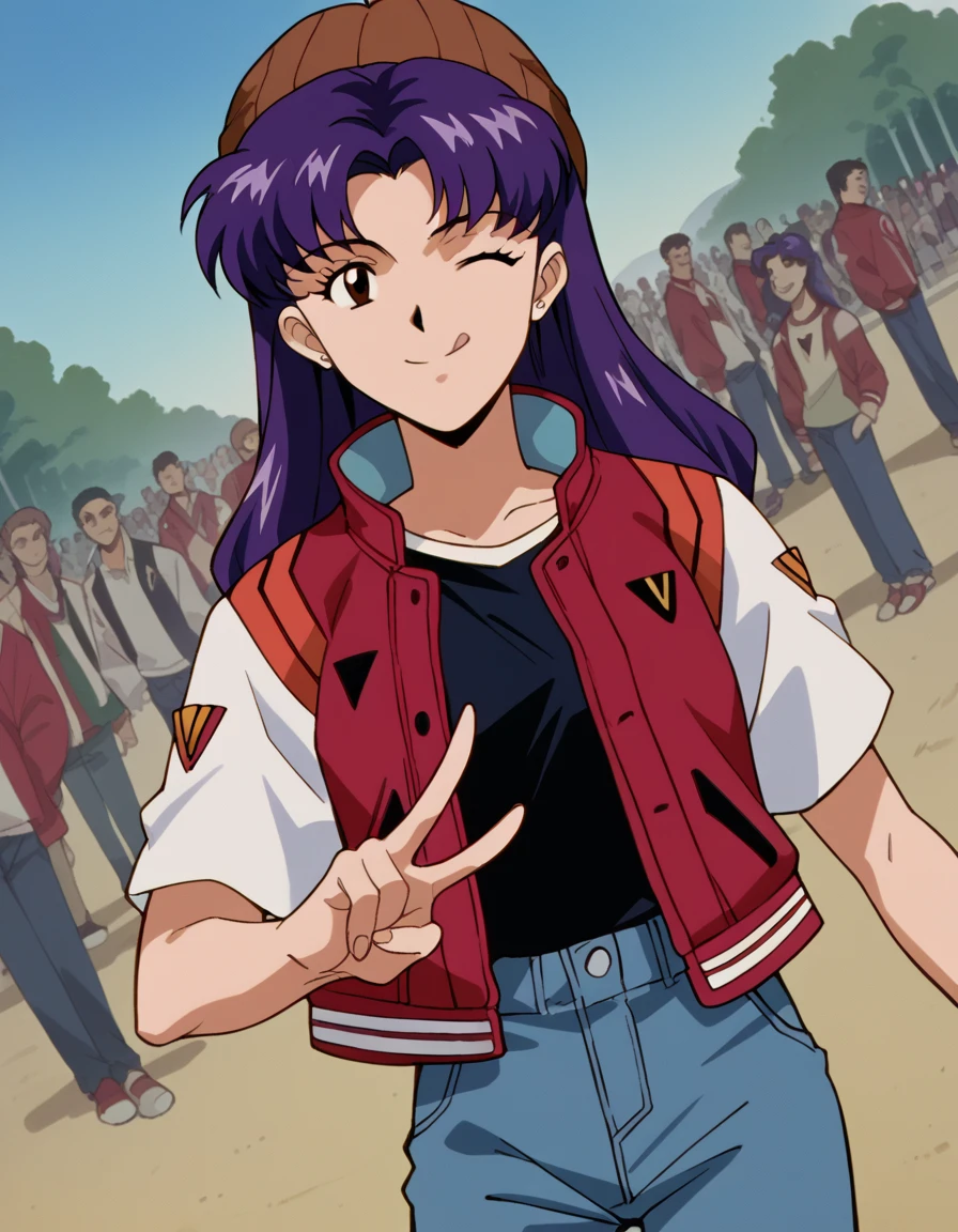 score_9, score_8_up, score_7_up, source_anime, <lora:misato-katsuragi-classic-ponyxl-lora-nochekaiser:1>, misato katsuragi, long hair, brown eyes, purple hair, parted bangs, medium breasts, <lora:letterman-jacket-ponyxl-lora-nochekaiser:1>, letterman jacket, jacket,, outdoors, crowd, people, v, v over eye, one eye closed, tongue out, smile, beanie, pants, open clothes, open jacket,, cowboy shot, solo, looking at viewer, dutch angle,