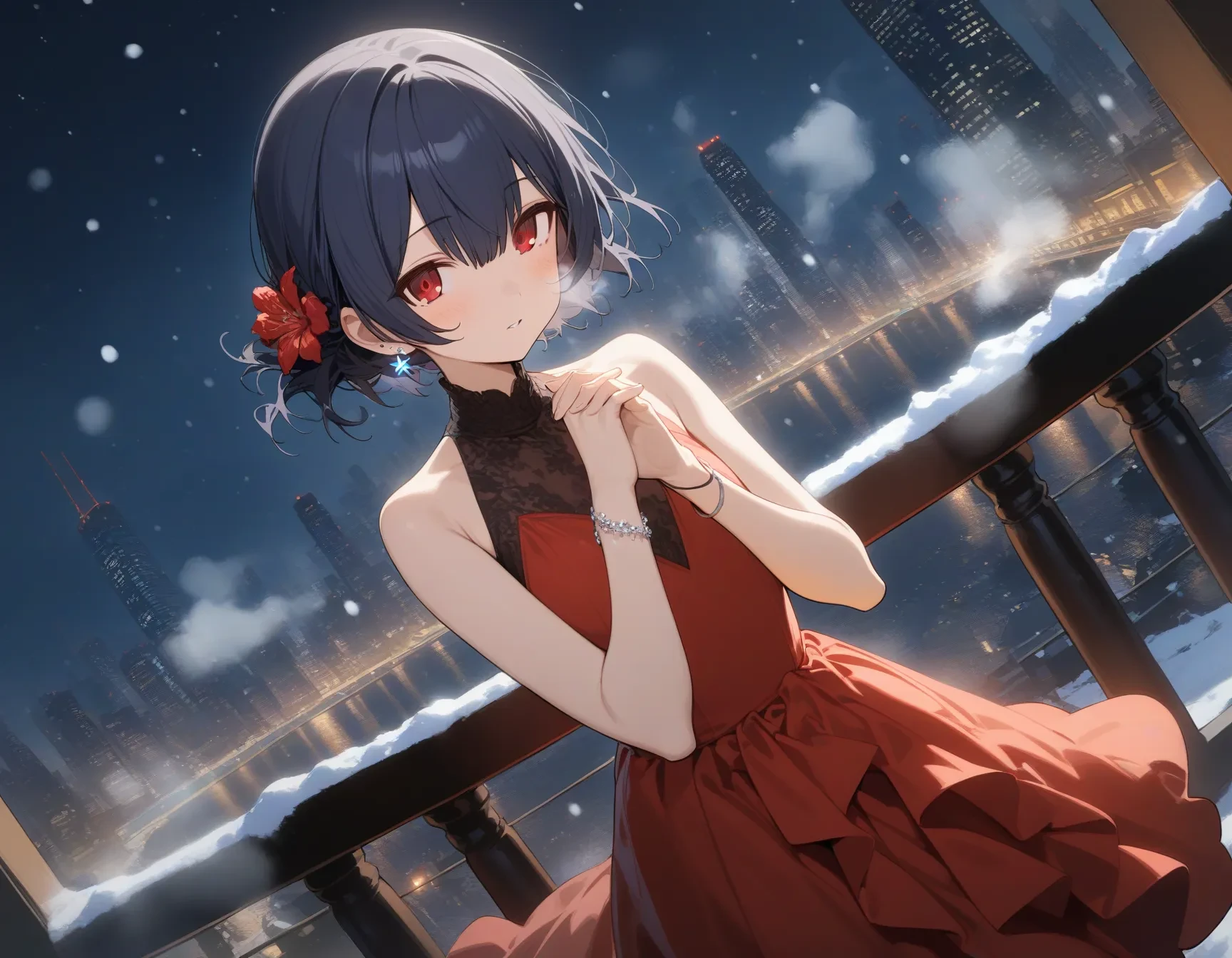 r_morino, 1girl, solo, dress, red eyes, red dress, hair ornament, night, jewelry, outdoors, sky, hair flower, snowing, bare shoulders, looking at viewer, night sky, flower, bangs, earrings, blush, building, railing, blue hair, sleeveless dress, sleeveless, own hands together, black hair, hair between eyes, short hair, skyscraper, cityscape, star (sky), parted lips, bracelet, frills, breath, starry sky, snow, dutch angle, floating hair,
masterpiece, best quality, very aesthetic, absurdres
<lora:r_morinoXL_animagine:1>