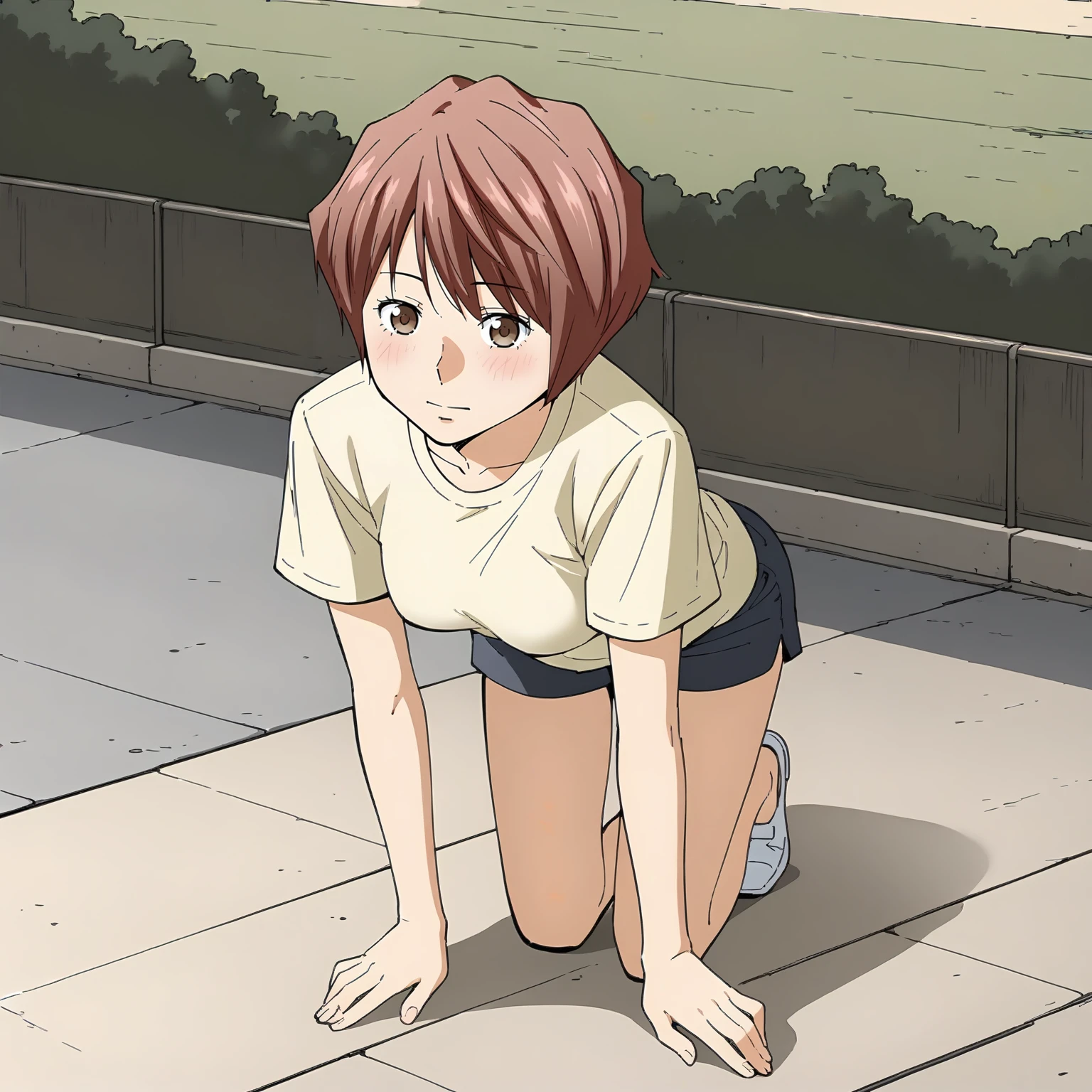 <lora:KZ_TakeuchiXLpony001>,
solo,
Takeuchi,1girl,red hair,short hair,brown eyes,
medium breasts,
shirt,short_sleeves,
shorts,
outdoors,
full body,all fours,