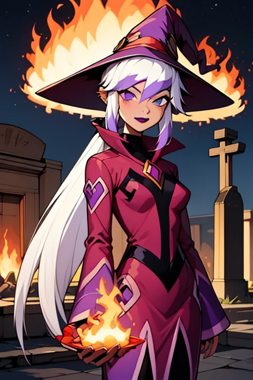 <lora:charm-06:1>charmcaster,  solo, purple clothes, ponytail, white hair, long hair, purple lipstick, holding taff, fire background, purple witch hat, night time, detailed background, graveyard, masterpiece, best quality