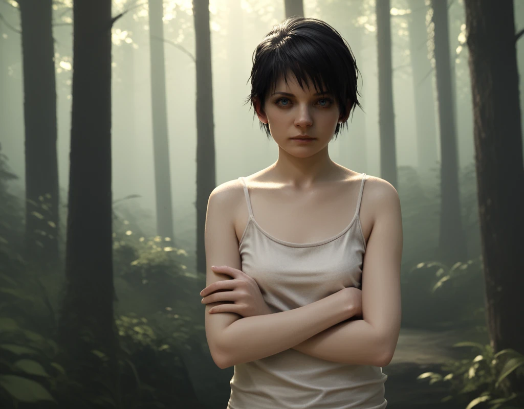 score_9, score_8_up, score_7_up,  <lora:Re7_Zoe_Baker:1> zoe-baker, re7, 1girl, solo, short hair, tank top, 1girl, black hair, looking at viewer, realistic, crossed arms, forest, scenery, photorealistic, spores, skin, glowing silver-blue eyes, dark, night