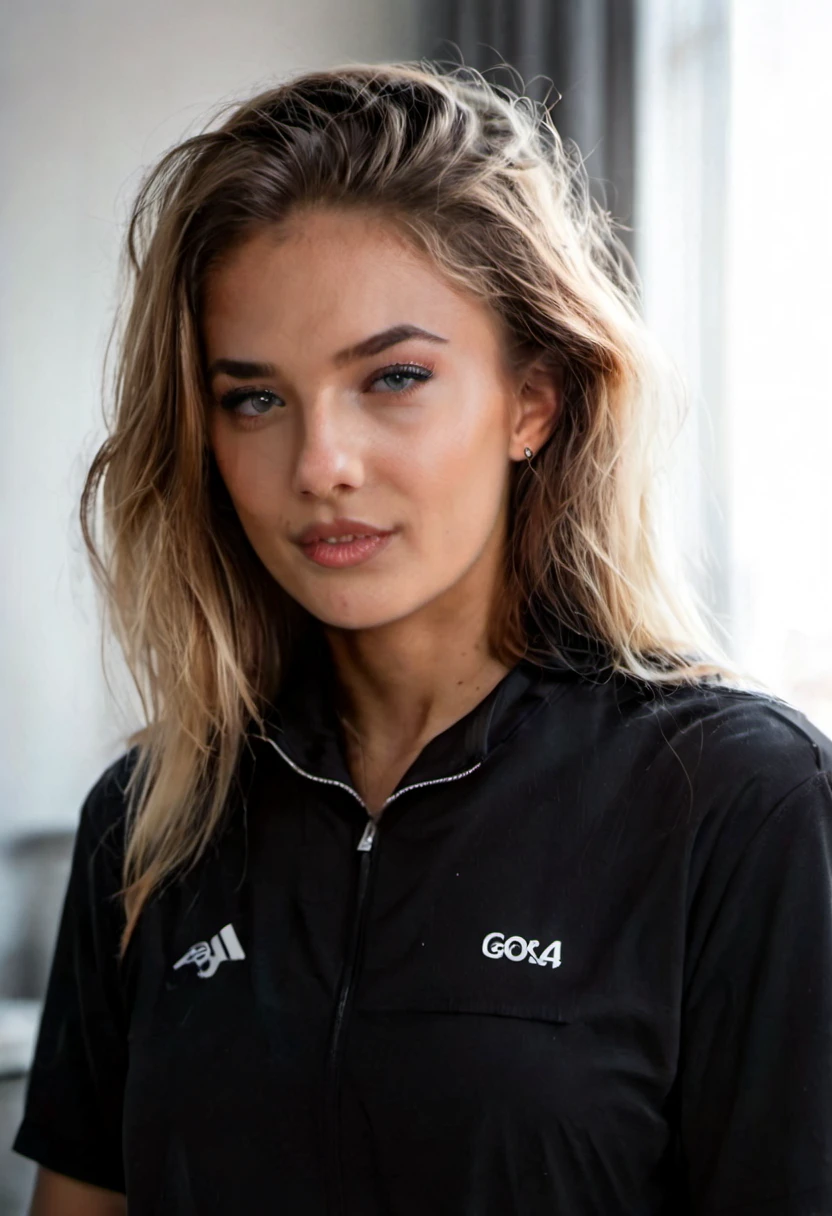 Portrait of Alica Schmidt, woman, wearing a dark track suit, instagram, professional photography, model, beautiful, makeup