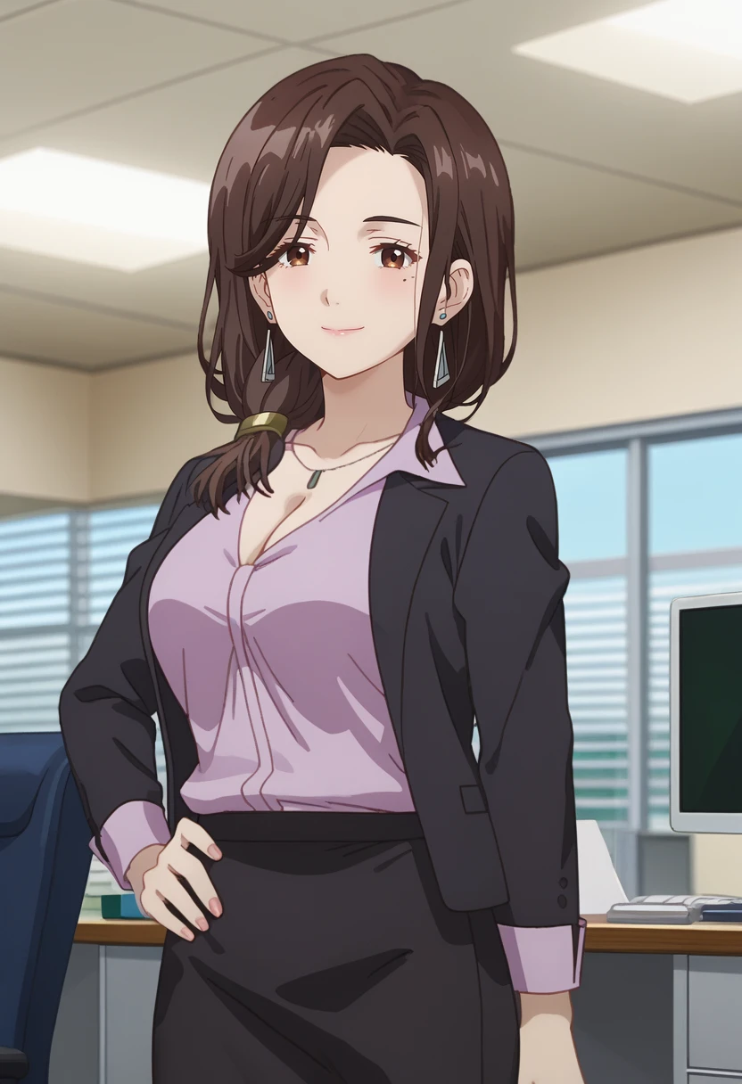 score_7_up, anime screencap,
<lora:HigeHiro_GotouAiriXL:1>, GotouAiri,
1girl, solo, closed mouth, light smile, mature,
long hair, brown hair, hair over shoulder, brown eyes, mole under eye, earrings,
black jacket, purple shirt, cleavage, pencil skirt, black skirt,
standing, looking at viewer, hand on own hip,
blurry background, indoors, office