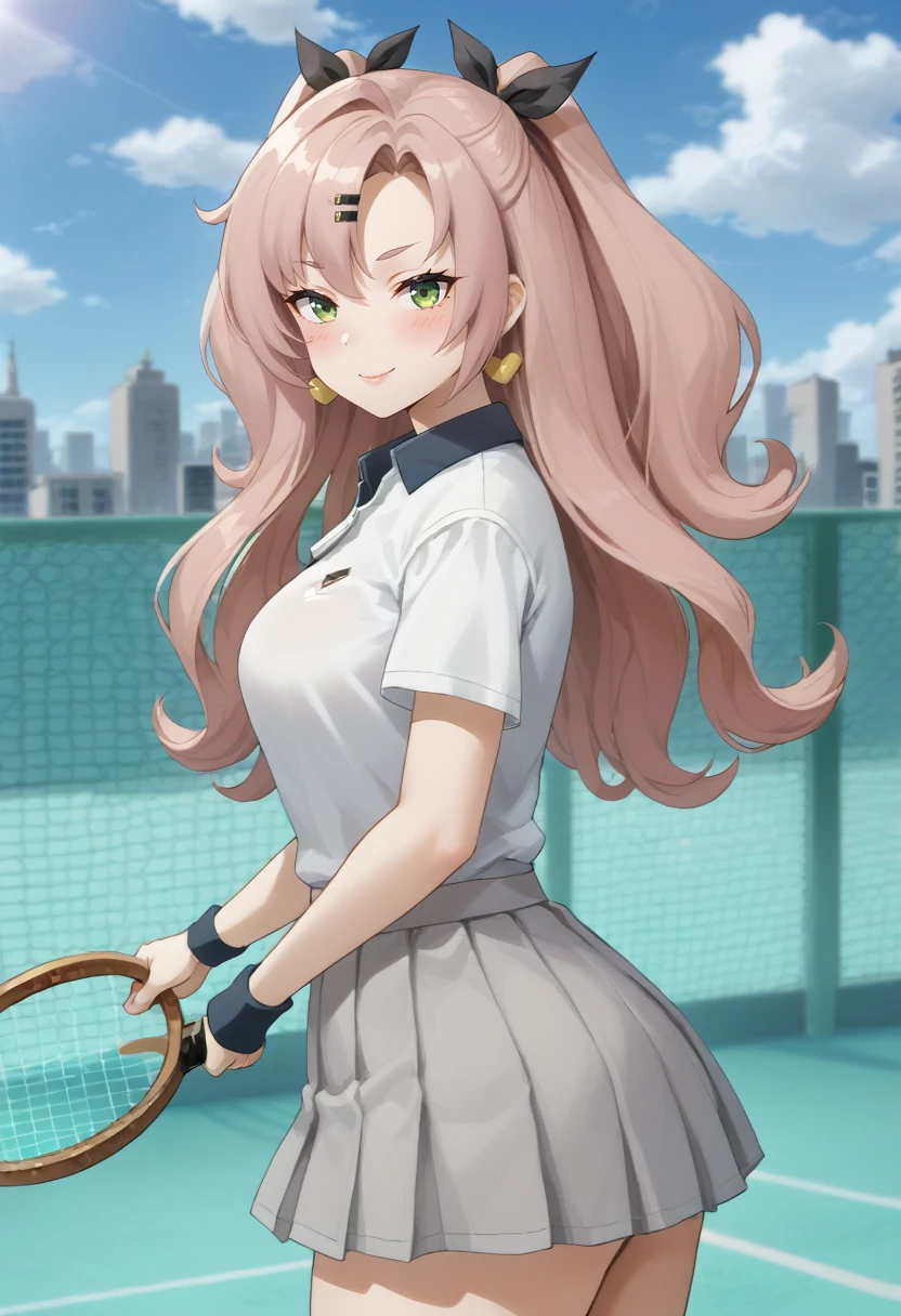 Nicole Demara  , solo, standing, from side, looking at viewer, tennis uniform, holding tennis racket, smile, blush, outdoors, tennis court, clouds, fence, city<lora:FFA:1>