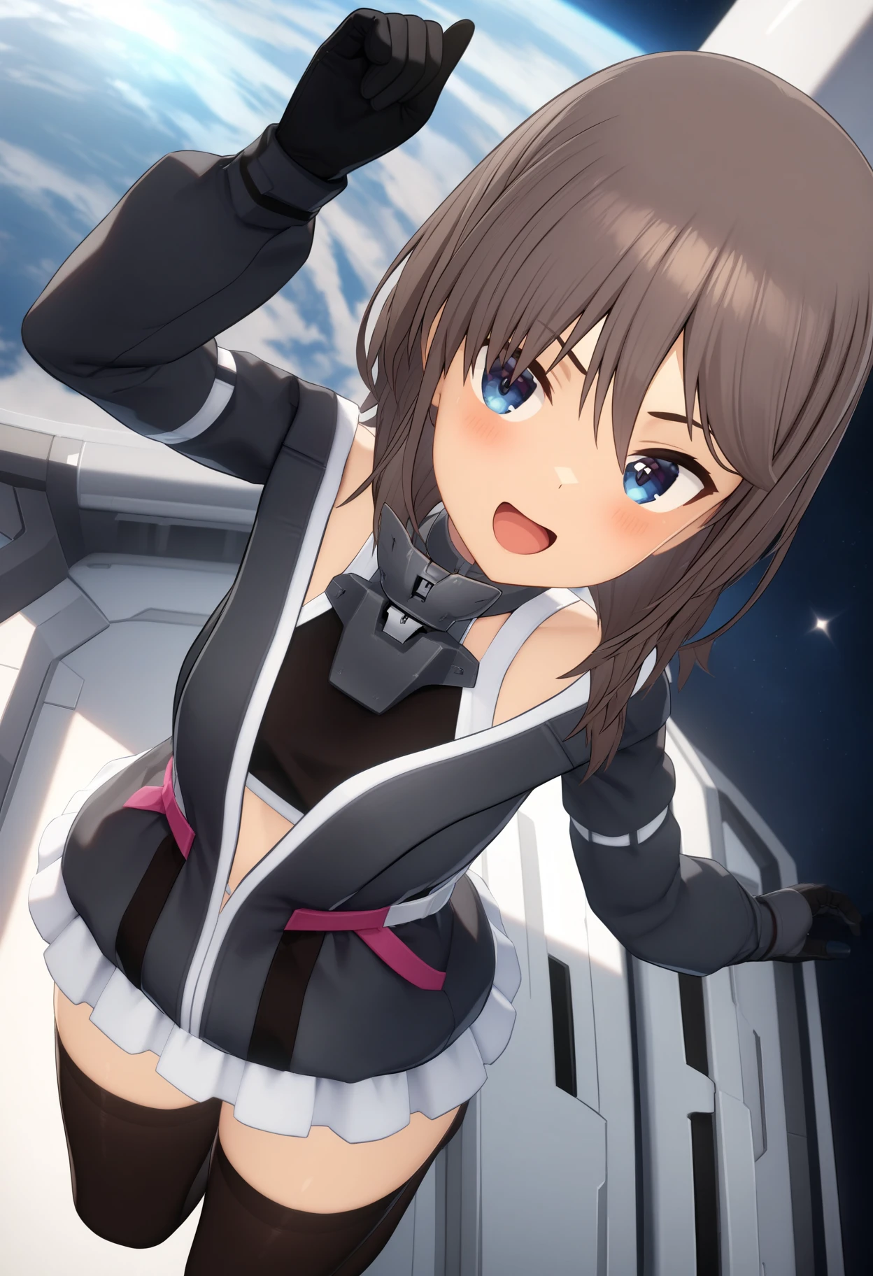 masterpiece,best quality,very aesthetic,absurdres,rim light,metallic luster,intricate details,1girl,<lora:yuuto_v1.3:1>,yuuto,Blacksmith_y,long_sleeves,black sports bra,black gloves,zettai ryouiki,black_thighhighs,
:d,light_blush,Spaceport,Space Station,starry_sky,looking_at_viewer,cinematic_angle,front view,jumping,aerial,legs_up,arm_above_head,, masterpiece,best quality, very aesthetic, absurdres, ultra detailed, high resolution, 4k, extremely detailed CG,