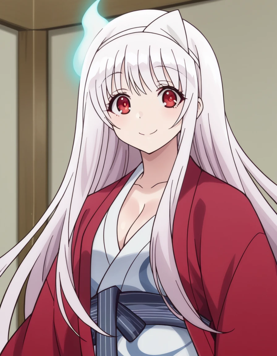 score_9, score_8_up, score_7_up, source_anime, <lora:yuuna-yunohana-s1-ponyxl-lora-nochekaiser:1>, yuuna yunohana, long hair, red eyes, white hair,, cleavage, japanese clothes, kimono, ghost, yukata, white kimono, triangular headpiece, albino, bath yukata, hanten (clothes),, indoors, smile, looking at viewer, solo,, cowboy shot, dutch angle