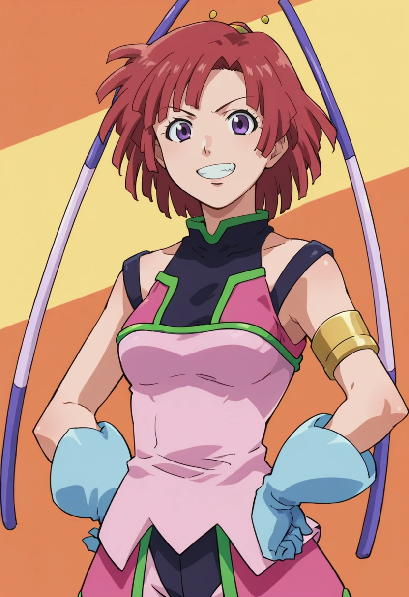 score_9,score_8_up,score_7_up,anime coloring BREAK source_anime,anime,<lora:Leena_Toros_Pony:0.8>,leena,1girl,solo,red hair,short hair,hair ornament,pilot suit,armlet,gloves,boots,grin,hands on hips,multicolored background,looking at viewer,portrait,upper body,