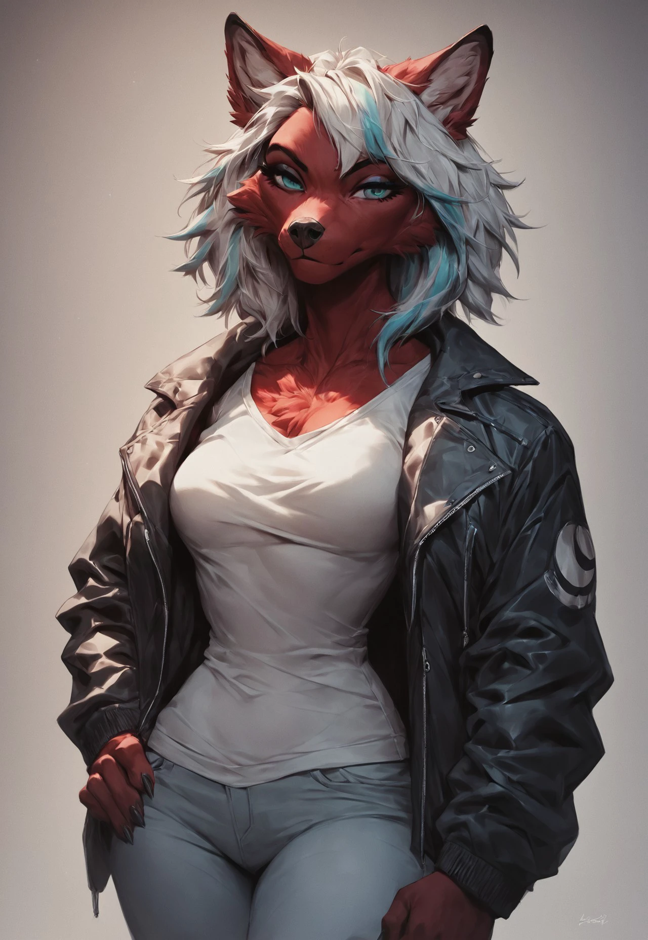 safe_pos, score_9, score_8_up, score_7_up, score_6_up, score_5_up, score_4_up, source_furry, Luna lynn, red fur, jacket, sexy attire, woman