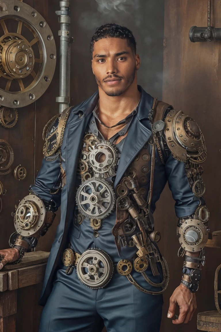 photo of a man, r0m3, facial hair, male (steampunk cyborg), gears and cogs, steaming body, realistic, highly detailed, intricate details, detailed background, depth of field, dynamic pose, perfect face, perfect eyes, dynamic angle,   <lora:romesd15:.9>