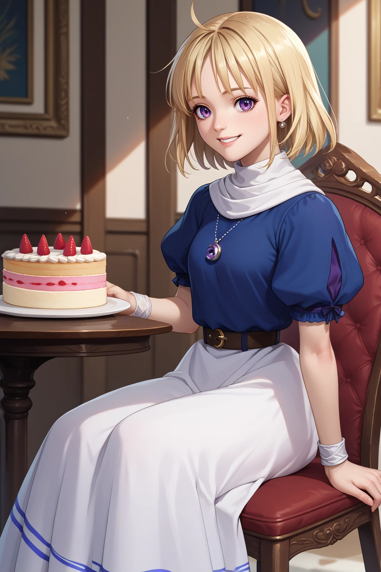 score_9, score_8_up, score_7_up, score_6_up, source_anime, 1girl, solo <lora:yselena-pdxl-nvwls-v1-000005:1> ysElena, blonde hair, medium hair, purple eyes, bracelet, pendant, blue shirt, puffy sleeves, short sleeves, belt, white skirt, sitting, indoors, table, chair, slice of cake, looking at you, smile