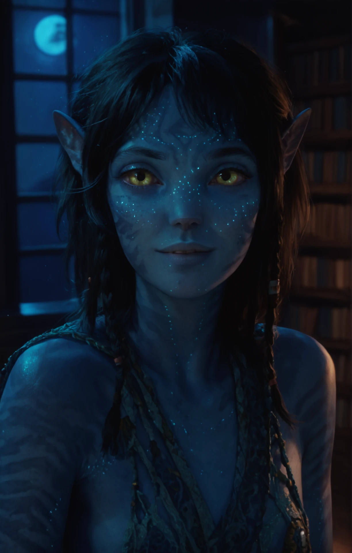 score_9, score_8_up, score_7_up, score_6_up, K1r1, girl in the library, blue skin pattern, looking at viewer, playful expression, flirting, night, dark theme, bestface, (glowing freckles:0.75), detailed <lora:K1r1_epoch_16:1>