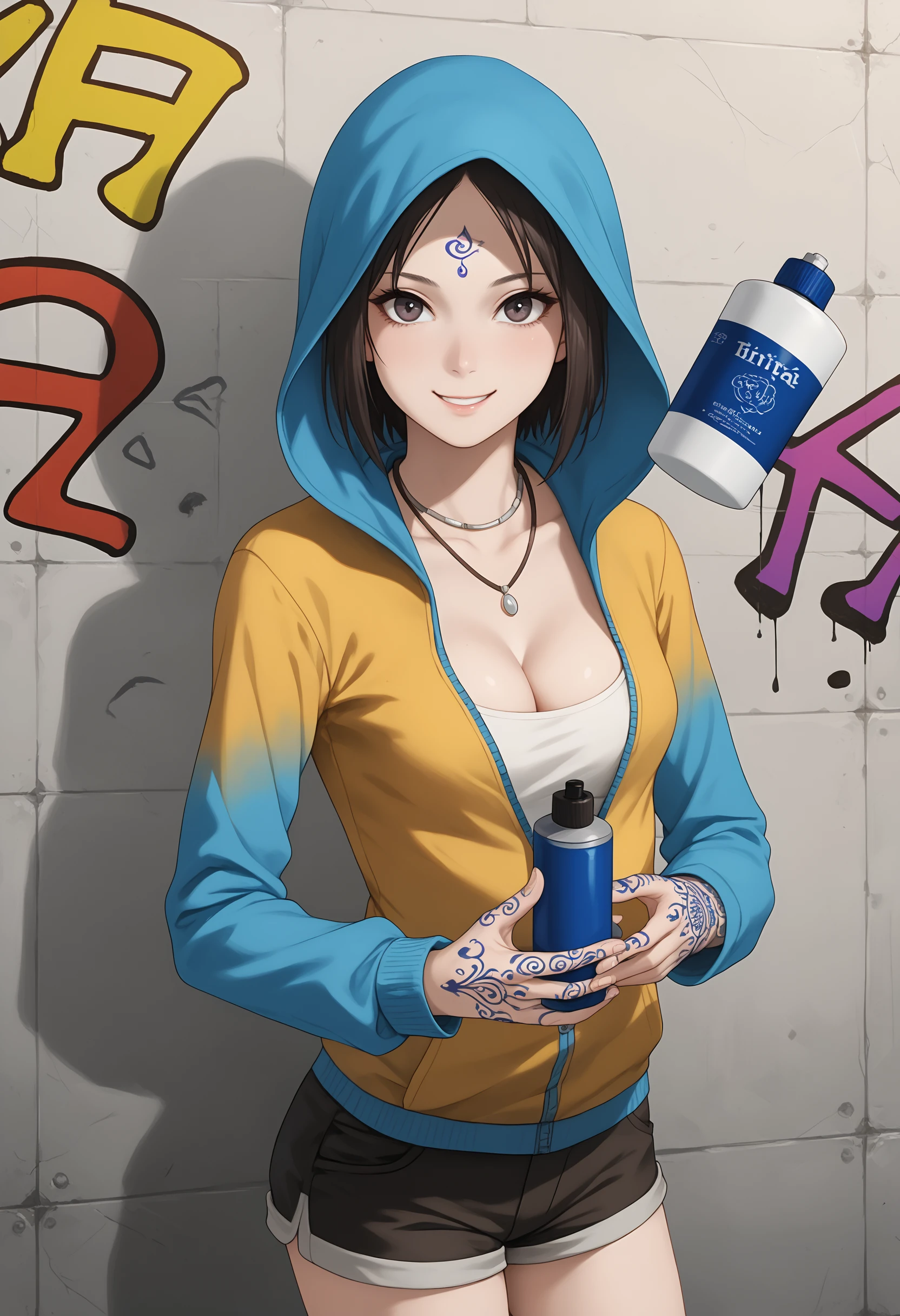 score_9, score_8_up, score_7_up, full body, source_3d, BREAK 1girl, solo, a woman, skinny, thin, k4t, necklace, hoodie, hood, henna, shorts, jacket, cleavage, forehead mark, pale skin, dark hair, long bangs, short hair, tube on back, smile, spray paint, graffiti,   highly detailed, trending, <lora:DMC_kat_PONY:1>,