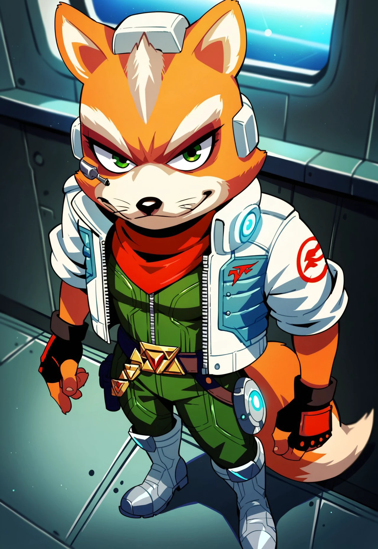 score_9, score_8_up, score_7_up, score_6_up, score_5_up, score_4_up, source_furry, hi res, bokeh, inside spaceship, high angle view, solo, standing, Fox McCloud, Fox, White-Jacket, Red Kerchief, Green Bodysuit, Fingerless Gloves, Belt, Headgear, Left-Scouter, Metal Boots, looking at viewer, green eyes, mouth closed, smile, anthro, male