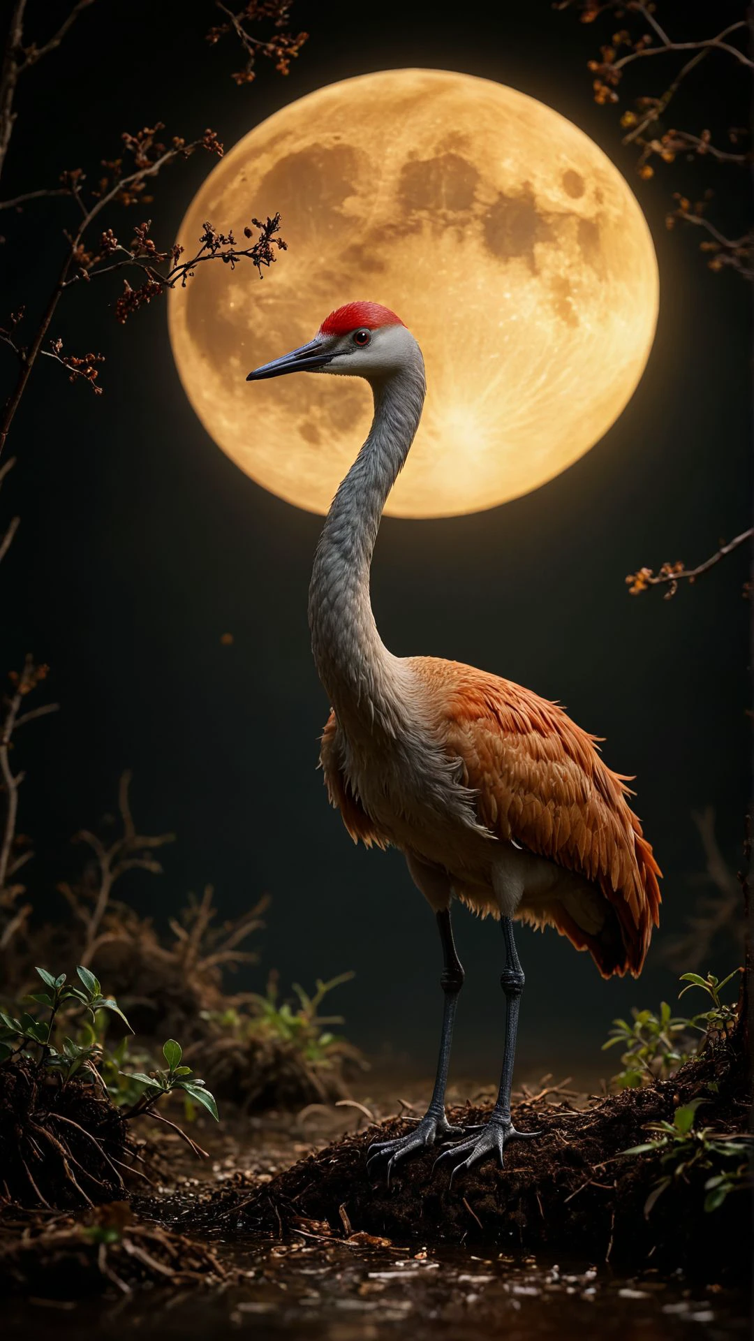 photograph, body shot of a Sandhill Crane, Moon in the night, Biopunk Art, studio lighting, Colorful, vivid, realism, <lora:MidjourneyV6.1:1>, midjourneyv6.1, 
 <lora:aidma-Image Upgrader-v0.1:0.45>, <lora:aidmaFluxStyleXL-v0.2:0.55> flux-style