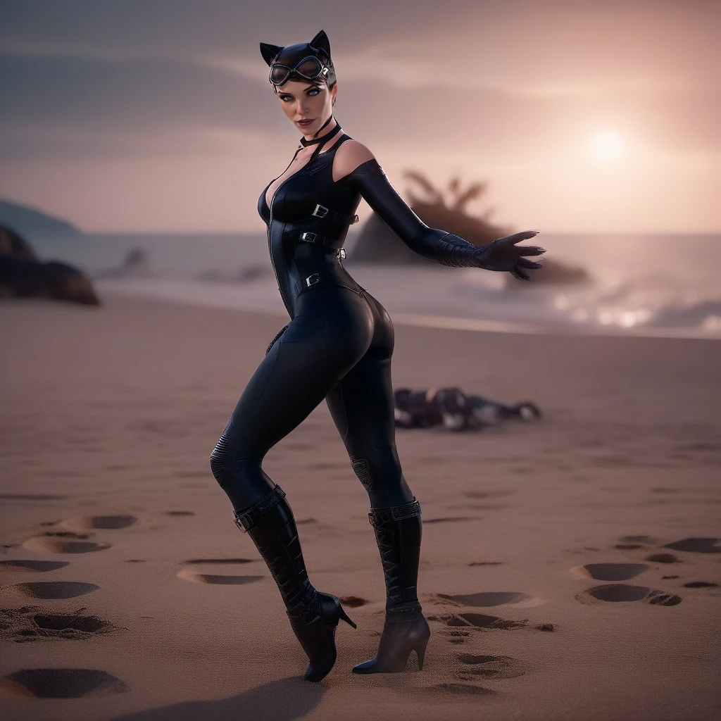 cinematic photo full body portrait realistic 1girl, view from above, goggles, choker, breast, cleavage, black bodysuit, animal ears, gloves, detailed eyes, detailed skin,  poses on a beach <lora:Catwoman1024:0.8> . 35mm photograph, film, bokeh, professional, 4k, highly detailed