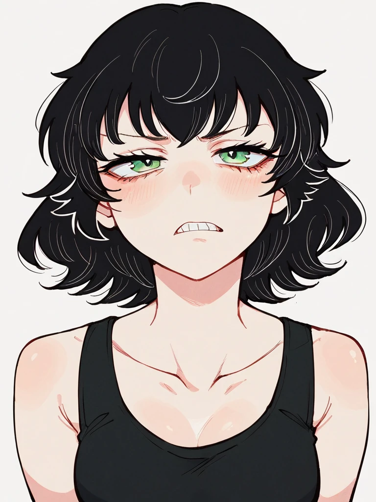 score_9, score_8_up, score_7_up, 
1girl, ampsey nafra, medium hair, black hair, green eyes,

black tank top, narrowed eyes, looking at viewer, frown, teeth
