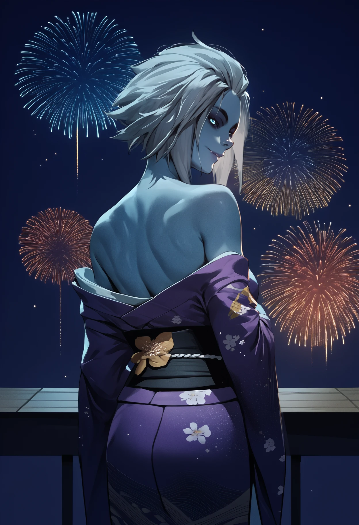 score_9, score_8_up, score_7_up, source_anime, from behind, solo, 1girl, mara sov, blue skin, light smile, looking back, japanese clothes, purple kimono, floral print, off shoulder, black sash, bare shoulders, fireworks
<segment:yolo-face_yolov8m.pt,0.35,0.5>