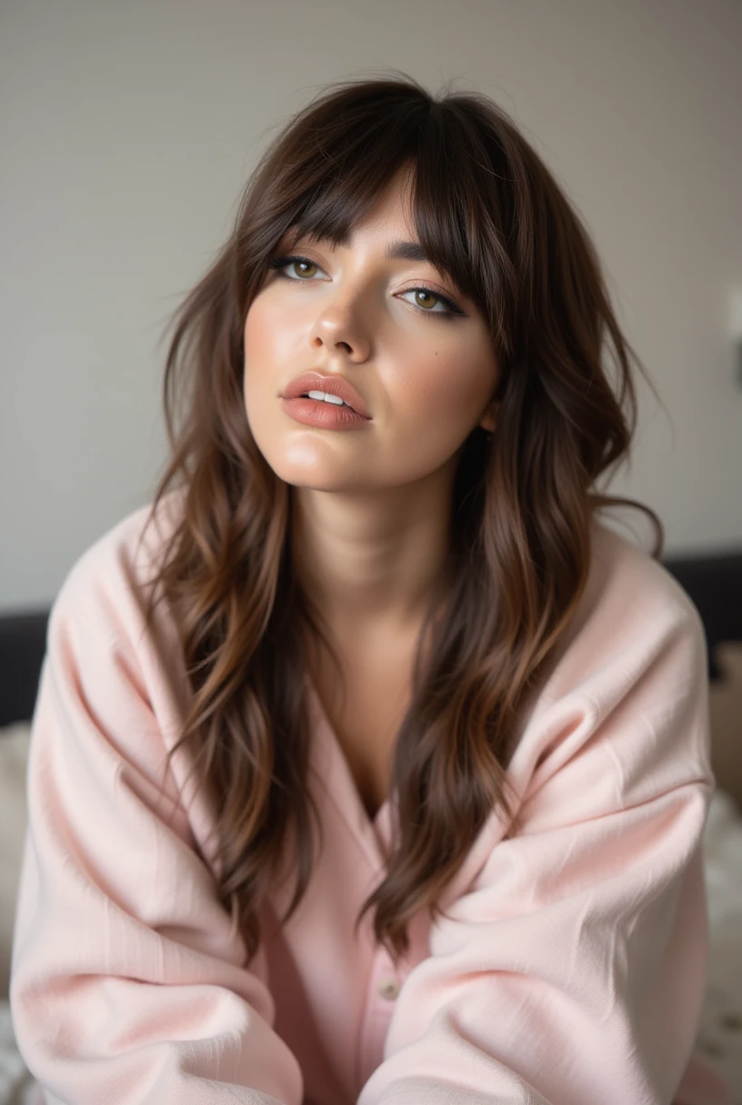 woman with brown hair wolfcut hair style getting ready for bed and wearing comfortable matching pajamas. sitting on a couch looking up at the viewer with a pout.