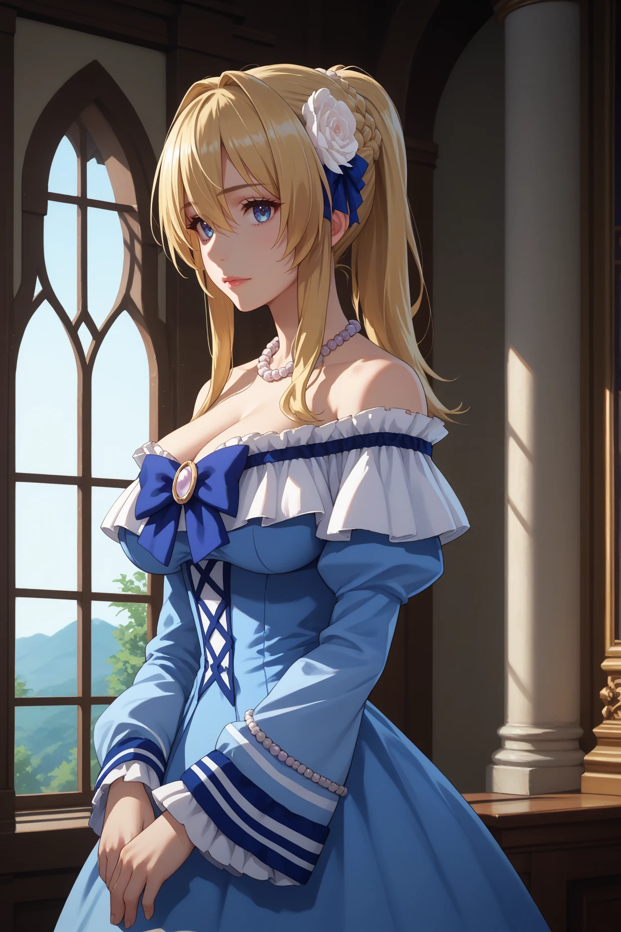 score_9, score_8_up, score_7_up, score_6_up, source_anime, 1girl, solo,  <lora:elishaelfrieden-pdxl-nvwls-v1-000004:1> erisha, blonde hair, ponytail, hair intakes, hair between eyes, long hair, hair ornament, hair flower, pearl necklace, blue dress, off-shoulder dress, frills, cleavage, blue bow, long sleeves, large breasts, looking at you, from side, mansion, window, curtains, night