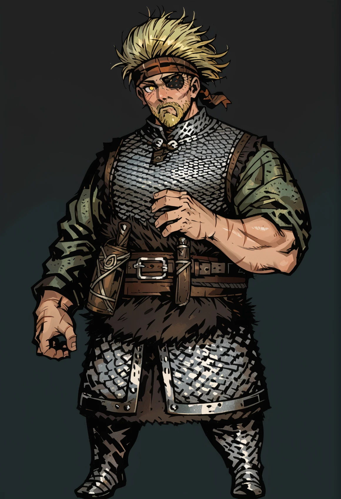 1boy, solo, standing, looking at viewer, full  body <lora:Thorkell-v2:1> Thorkell, beard, (yellow eyes:1.15), chainmail armor, belt, headband, short green sleeves, eyepatch, scars <lora:DarkestDungeon-Style:0.8>, score_9, score_8_up, score_7_up, score_6_up