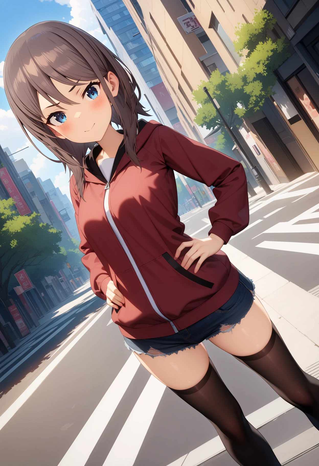 masterpiece,best quality,very aesthetic,absurdres,1girl,<lora:yuuto_v1.3:1>,yuuto,zettai ryouiki,hoodie,torn_pants,black_thighhighs,<lora:Fixhands_anime_bdsqlsz_V1:1>,standing,hands_on_hips,open_stance,light_blush,seductive_smile,blush,Intersection,city,wide_shot,dutch angle,cinematic_angle,dynamic_angle,full body,, masterpiece,best quality, very aesthetic, absurdres, ultra detailed, high resolution, 4k, extremely detailed CG,