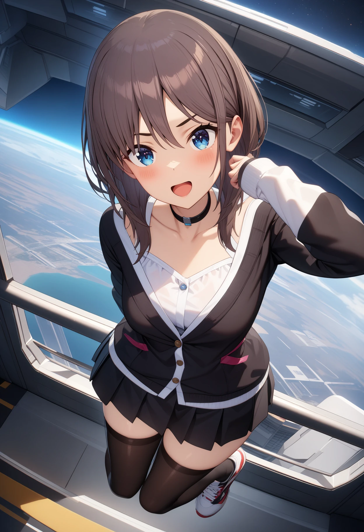 masterpiece,best quality,very aesthetic,absurdres,rim light,metallic luster,intricate details,1girl,<lora:yuuto_v1.3:1>,yuuto,zettai ryouiki,blouse,cardigan,pleated_skirt,black_thighhighs,sneakers,
:d,light_blush,Spaceport,Space Station,starry_sky,looking_at_viewer,cinematic_angle,front view,jumping,aerial,legs_up,arm_above_head,, masterpiece,best quality, very aesthetic, absurdres, ultra detailed, high resolution, 4k, extremely detailed CG,