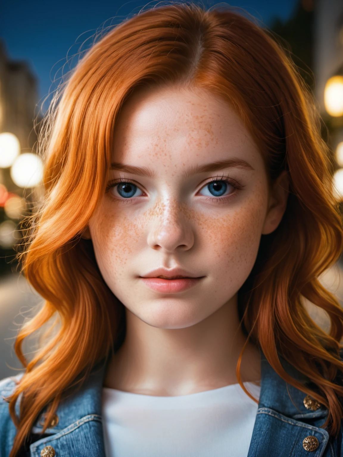 score_9, score_8_up, score_8, 1girl, 25 years old, long wavy ginger hair, with freckles, close-up portrait, a gorgeous young woman, with long flowing hair, elegant, white T-shirt, denim jacket, walking in a street of Paris at night, vintage colors, focus on her perfect beautiful face and make up, at midnight, photorealistic, bokeh, field of view, highly detailed, dramatic lighting, canon 5D Mark IV, photography, in frame <lora:Pony_DetailV2.0:1> <lora:pony_better freckles:1.2>