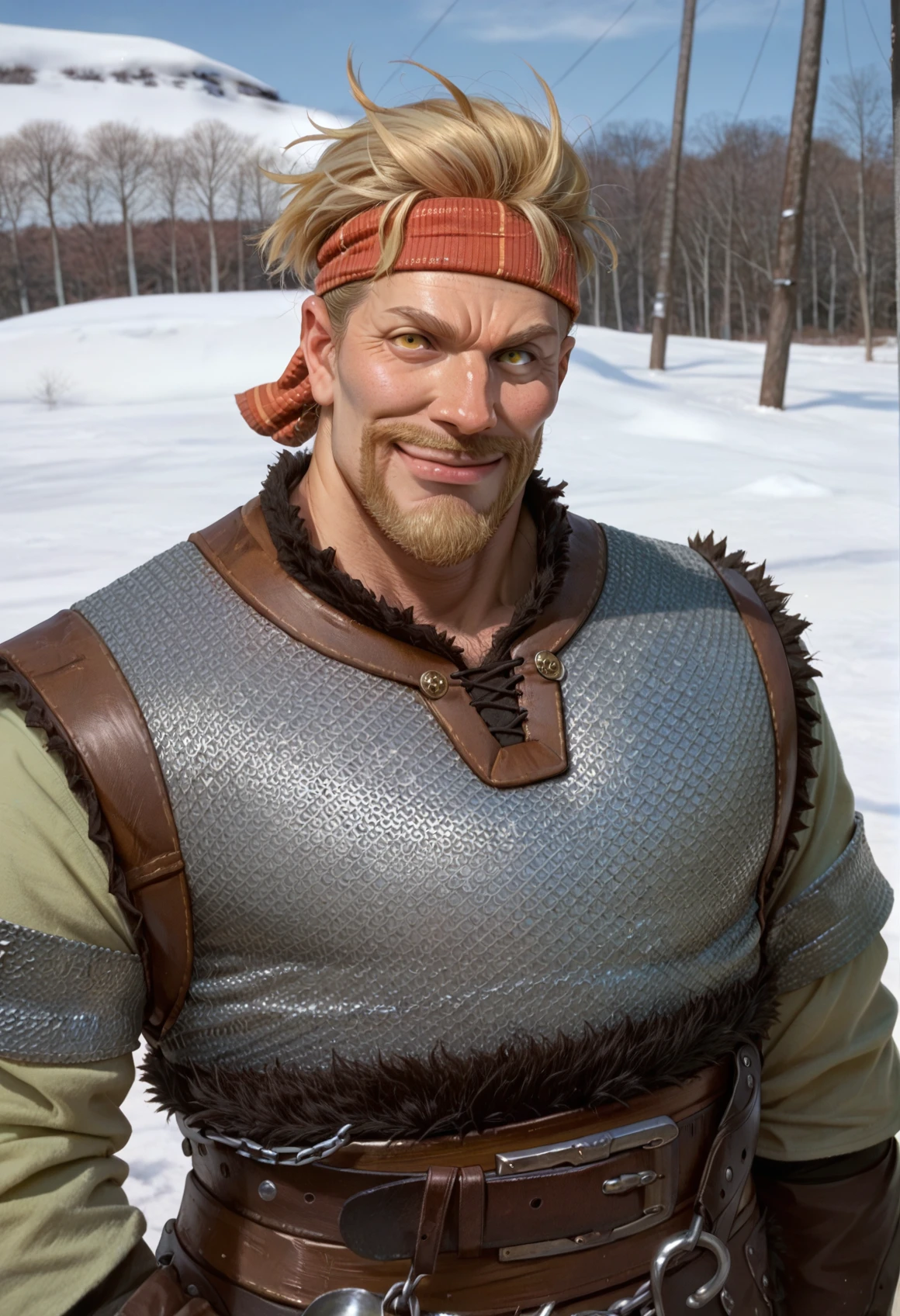 1boy, solo, <lora:Thorkell-v2:0.8> Thorkell, beard, (yellow eyes:1.15), chainmail armor, belt, headband, short green sleeves, snow, smug, looking at viewer, photo, score_9, score_8_up, score_7_up, score_6_up