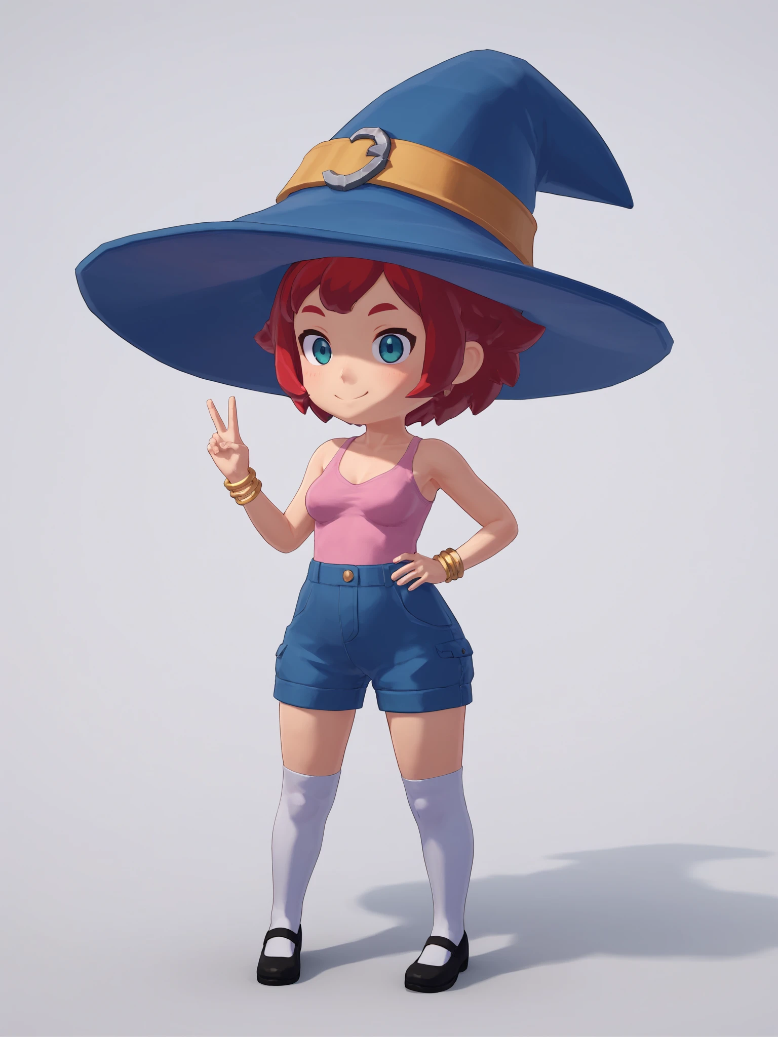 score_9, score_8_up, score_7_up, score_6_up, BREAK, white background, <lora:Mika_TheWitch_PDXLv0:0.45> mika, 1girl, witch hat, pink shirt, blue shorts, bracelet, white legwear, black shoes, v:1.2, aged up, medium breasts