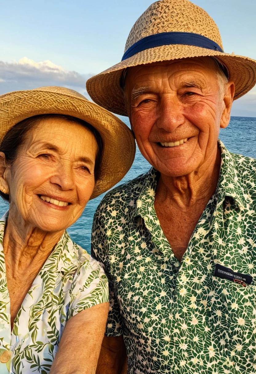 photo selfie of an elderly couple at the beach, arm around shoulder, sea in the background, wearing hawaii shirts and straw hats, smiling, detailed wrinkly skin, warm evening light <lora:mobile:0.8>