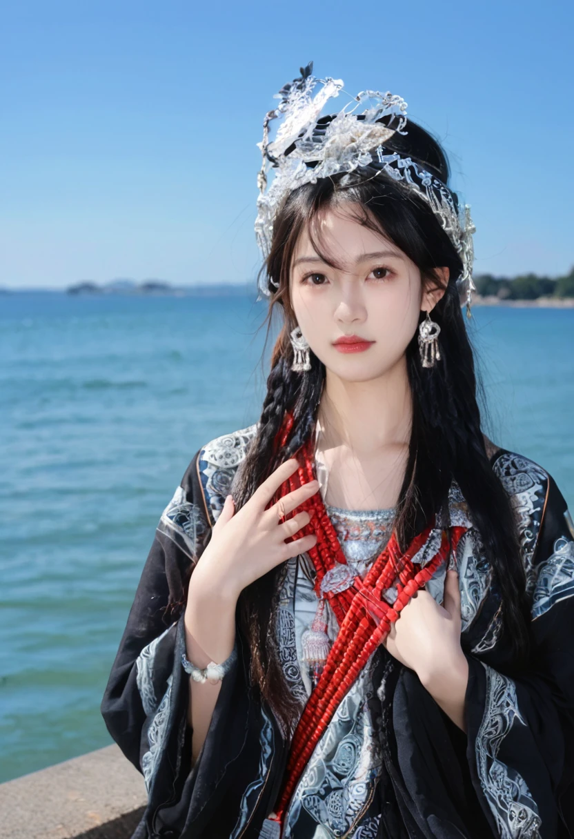 Score_9, Score_8_up, Score_7_up, miaoyuansu, miao5, 1girl, black hair, solo, jewelry, long hair, looking at viewer, earrings, day, upper body, outdoors, bracelet, hat, ocean, blue sky, water, bird, realistic, sky, straight-on, snake, hands up, long sleeves, ring, hands on own chest, headdress, blurry, dress, piercing, wide sleeves,, highly detailed face, perfect detail face,  best quality, masterpiece,beautiful detailed eyes,<lora:miaoyuansuPONY1-000013:0.9>