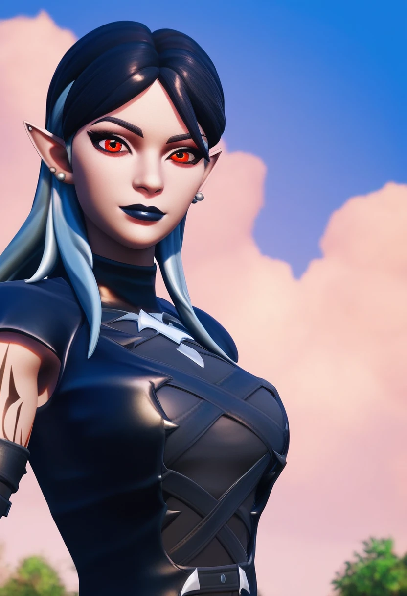 shimmerdusk, best quality, amazing quality, 1girl, fullbody, looking at viewer, <lora:Shimmerdusk-10:0.8>, pointy ears, black hair, red eyes, jewelry, earrings, long hair, multicolored hair, black lips, lipstick, makeup, vampire, tattoo, fingerless gloves, thighhighs, gothic, black nails, boots , upper body, score_9, score_8_up, score_7_up, score_6_up, source_anime, BREAK masterpiece, earrings, outdoors, sky, day, cloud, tree, blue sky, anime_source, big breast