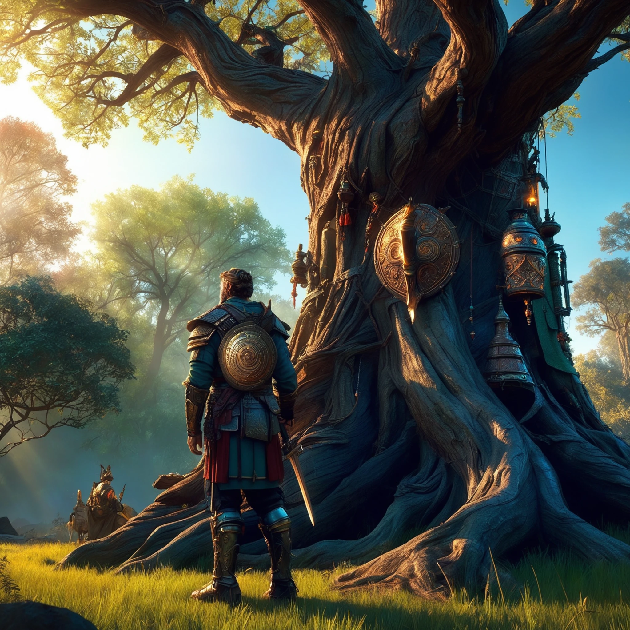 FRESHIDEAS,movie scene: an adventurer and a nature god. The adventurer is sitting under a large,ancient tree in the middle of a dense forest at night. He is dressed in medieval armor,with his big metal sword resting by his side and his shield leaning against the tree. The shield has its own noble drawings and colur on. A campfire crackles in front of him,far from the tree casting a warm glow on his face and the surrounding area. A good big tree spirit creature emerges from the nature with love to bless the adventurer. The man is unaware Of the sudden luck. Dramatic colours,drama suspense. The chevalier,deep in thought,gazes into the flames,with a look of quiet contemplation. The forest around him is shadowed,mysterious,and peaceful. keywords: blessing luck strong power faith defence rightness will,