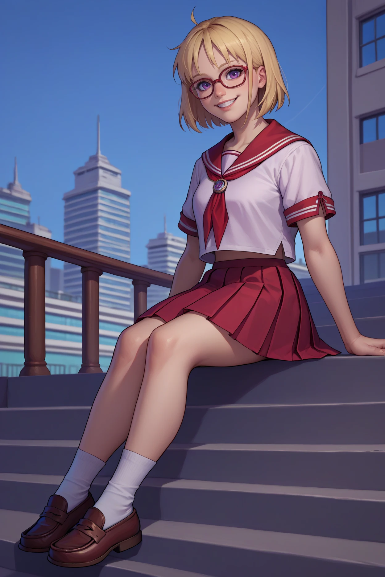 score_9, score_8_up, score_7_up, score_6_up, source_anime, 1girl, solo <lora:yselena-pdxl-nvwls-v1-000005:1> ysElena, blonde hair, medium hair, purple eyes, short sleeves, sailor collar, glasses, neckerchief, pleated skirt, red skirt, red sailor collar, socks, loafers, full body, sitting, stairs, city, blue sky, looking at you, happy