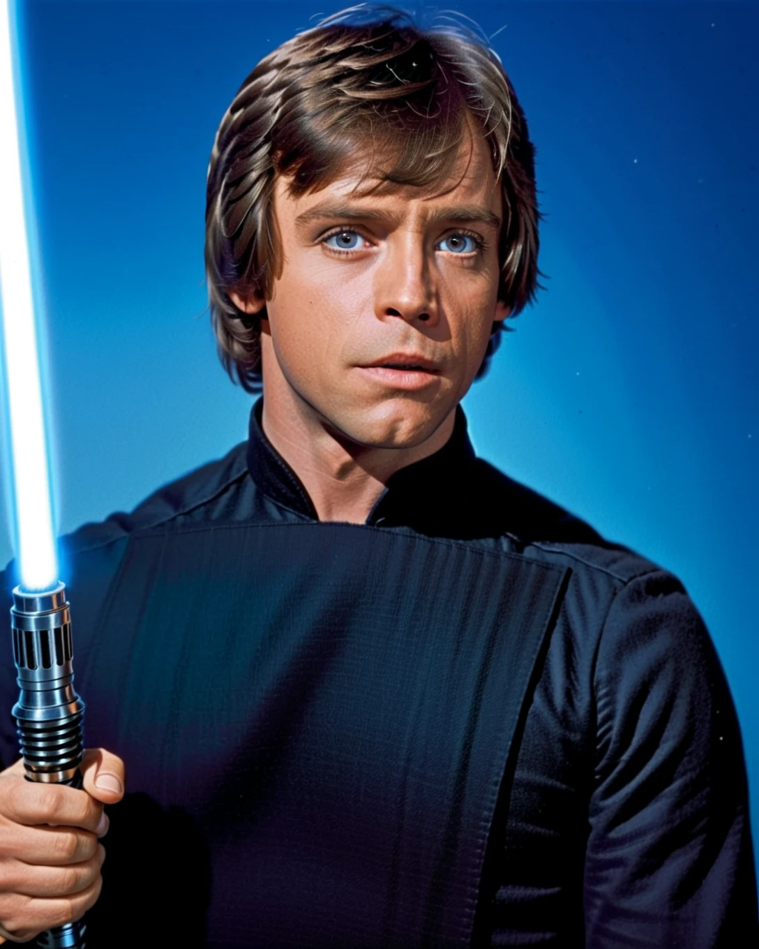 Luke-ROTJ <lora:Luke-ROTJ:0.9> (close-up1.5) photo is holding a lightsaber handle wearing a black jedi outfit on a blue background, embracing Princess Leia Organa