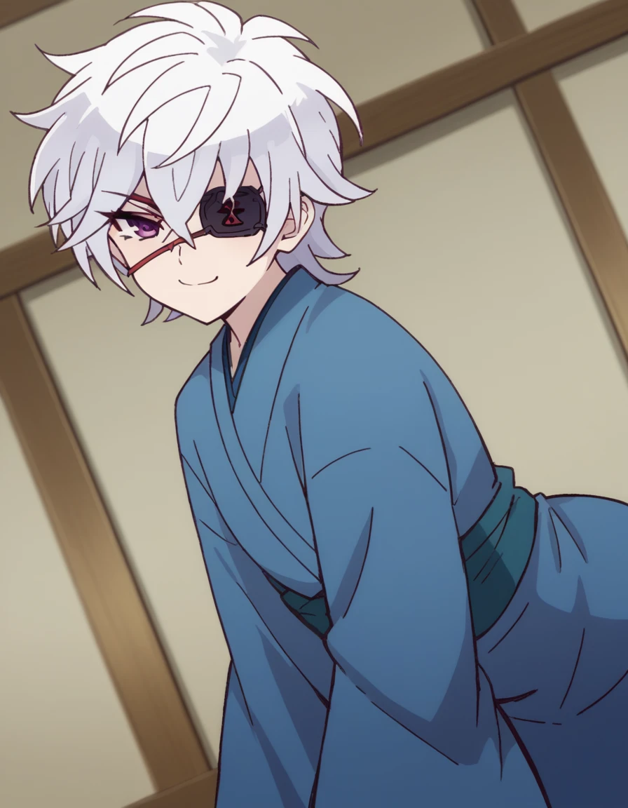 score_9, score_8_up, score_7_up, source_anime, <lora:oboro-shintou-s1-ponyxl-lora-nochekaiser:1>, oboro shintou, purple eyes, white hair, eyepatch,, japanese clothes, kimono, blue kimono, haori,, indoors, bent over, smile, smug, looking at viewer, solo,, cowboy shot, dutch angle