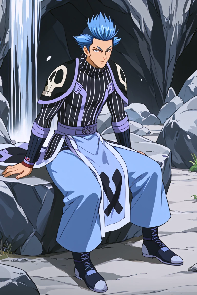 score_9, score_8_up, score_7_up, source_anime, rating_safe, BickslowFT, 1boy, male focus, anime screencap, white Bickslow bodysuit, sitting, rock, full body, indian style, arm support, blue Bickslow pants, black-white Bickslow shoulder pads, light blue-black Bickslow waist cloth, cropped feet