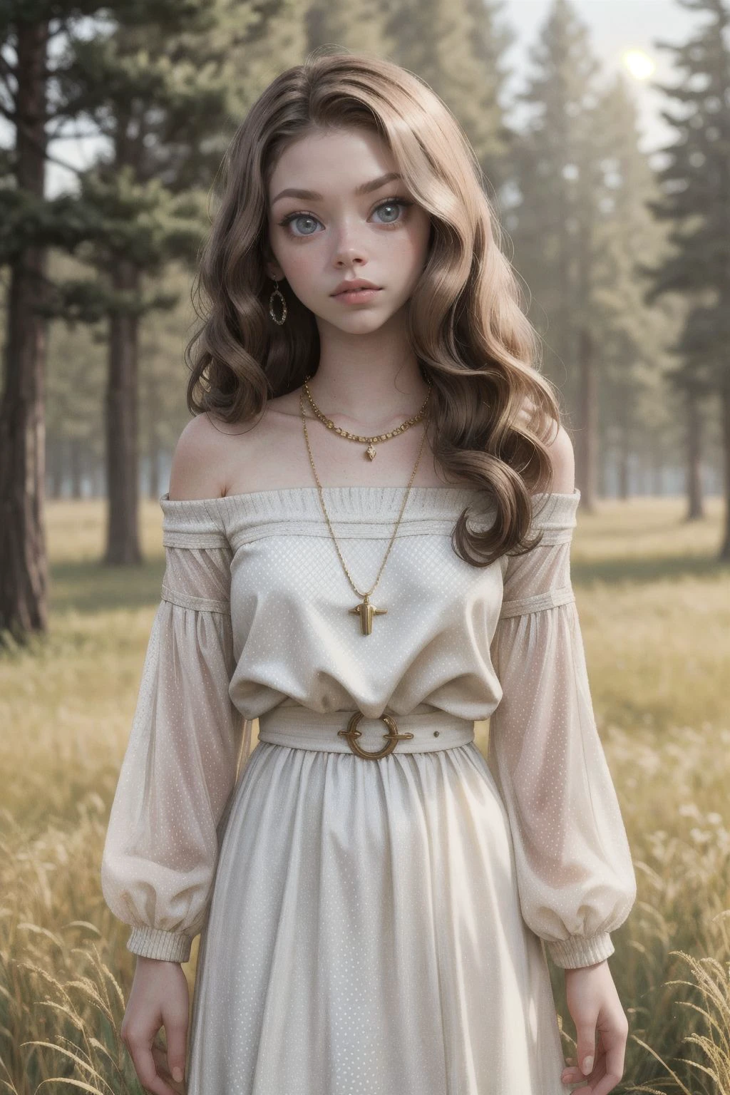Lily-AnaA, The image is a portrait of a 22yo woman posing in a field. She is wearing a pink off-the-shoulder dress with white polka dots and a thin gold necklace. Her hair is styled in loose waves and she is looking directly at the camera with a sultry expression. The background is blurred, but it appears to be a grassy field with trees in the distance. The lighting is soft and warm, creating a dreamy atmosphere.
<lora:add_detail:0.5> <lora:polyhedron_all_eyes:0.2>