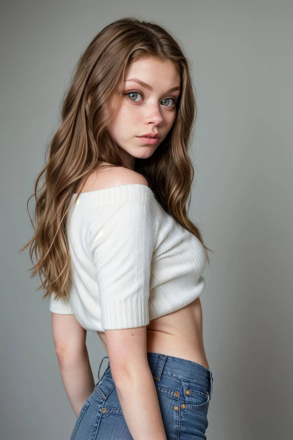 Lily-AnaA, The image is a portrait of a young woman posing in a studio. She is standing with her back to the camera, facing the camera with her body slightly turned to the side. The woman is wearing a blue and white striped off-the-shoulder top and high-waisted denim jeans. Her blonde hair is styled in loose waves and she is looking directly at the camera. The background is a dark grey color, making the woman the focal point of the image. The lighting is soft and natural, highlighting her features.
<lora:add_detail:0.5> <lora:polyhedron_all_eyes:0.2>