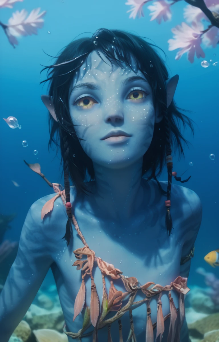 score_9, score_8_up, score_7_up, score_6_up, K1r1 , 1girl, blue skin, freckles, skin pattern, water drops on face, underwater, surrounded by koi fish, cherry blossom branches, pink and purple lighting, detailed, serene expression, looking at the viewer, bubbles in water, dreamy atmosphere, detailed, <lora:K1r1_epoch_16:1>