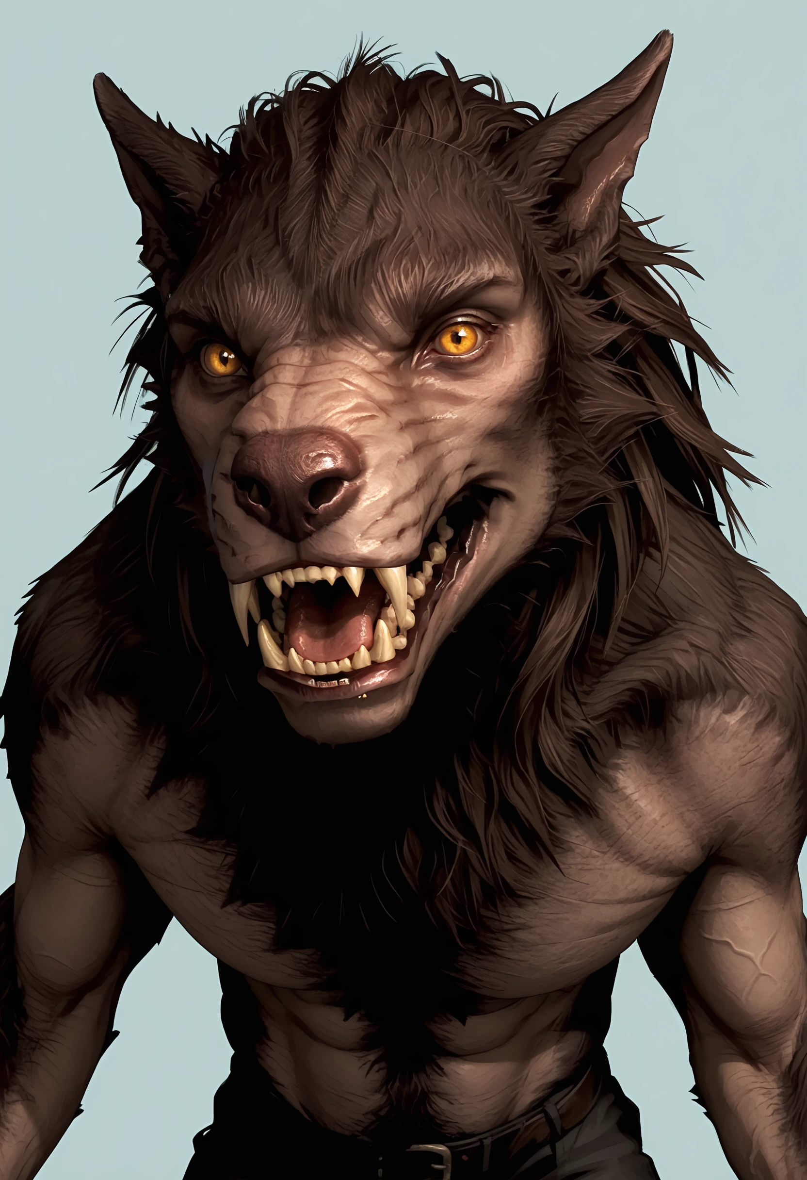 score_9, score_8_up, score_7_up, score_6_up, score_5_up, score_4_up, 1girl, <lora:WerewolfSkyrim:0.7> no humans, monster, teeth, sharp teeth, werewolf, fangs, yellow eyes, tail, open mouth, wolf, furry, upper body, looking at viewer, 
light blue background, simple background,