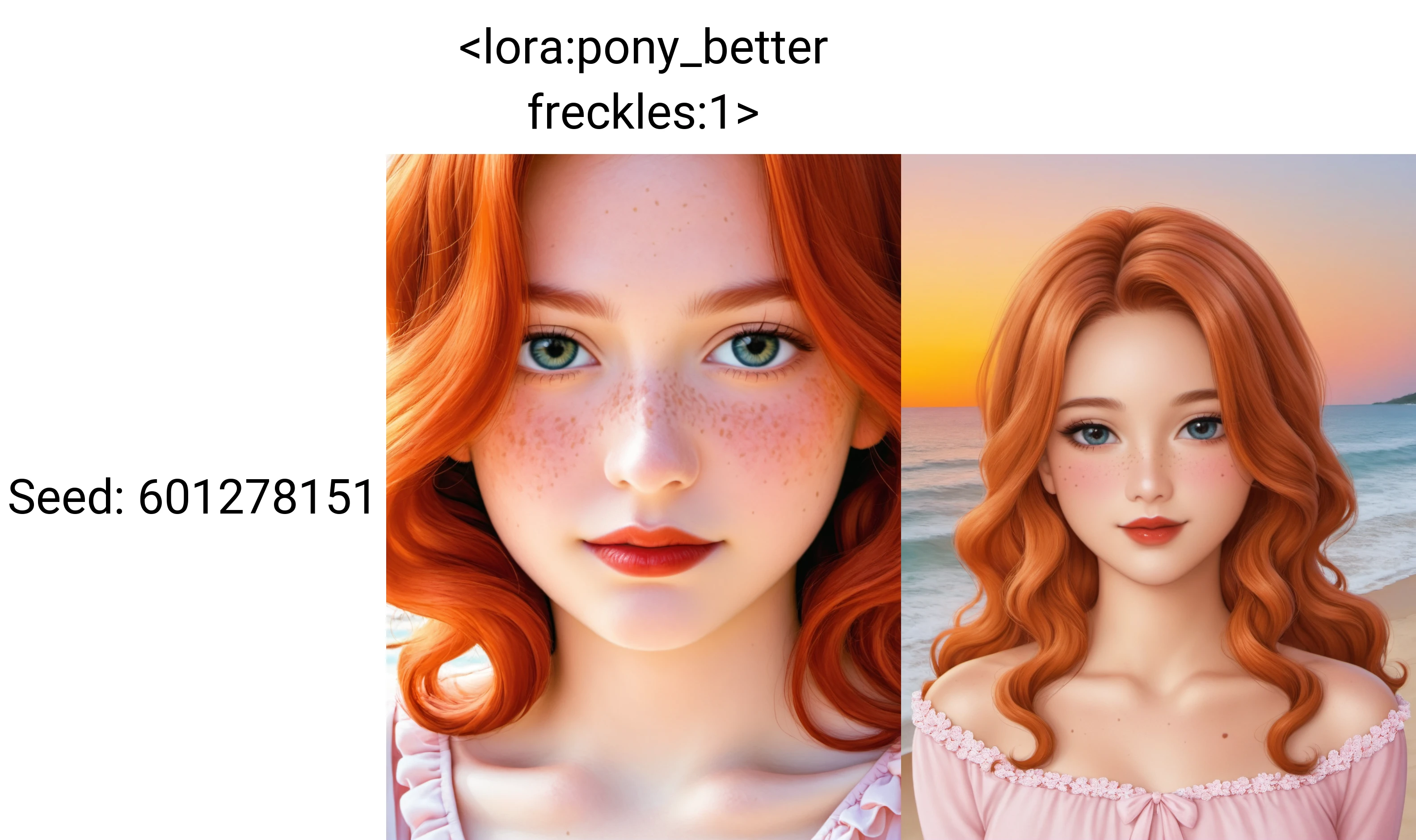 18 years old, close-up, long ginger hair, long wavy hair, wearing an off the shoulder long Sleeves crepe dress, cheek dimples, red cheek, with freckles, red lips, flirty looks, shy, on a beach, with a sunset, portrait, high contrast, pink tones, canon 5D Mark IV, studio photography <lora:Pony_DetailV2.0:1> <lora:pony_better freckles:1>