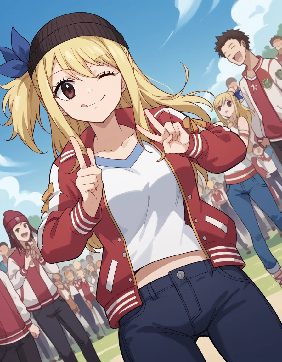 score_9, score_8_up, score_7_up, source_anime, lucyheartfilia, <lora:lucy-heartfilia-s7-ponyxl-lora-nochekaiser:1>, lucy heartfilia, blonde hair, brown eyes, long hair, one side up, ribbon, hair ribbon, blue ribbon, large breasts,, <lora:letterman-jacket-ponyxl-lora-nochekaiser:1>, letterman jacket, jacket,, outdoors, crowd, people, v, v over eye, one eye closed, tongue out, smile, beanie, pants, open clothes, open jacket,, cowboy shot, solo, looking at viewer, dutch angle,