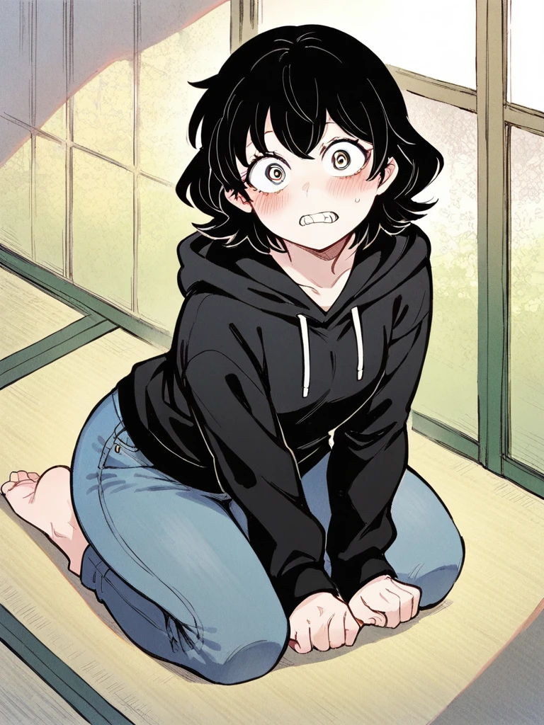 score_9, score_8_up, score_7_up, 
1girl, ampsey nafra, medium hair, black hair, wide-eyed, teeth, looking at viewer, blush, jeans, kneeling, tatami, black hoodie,
