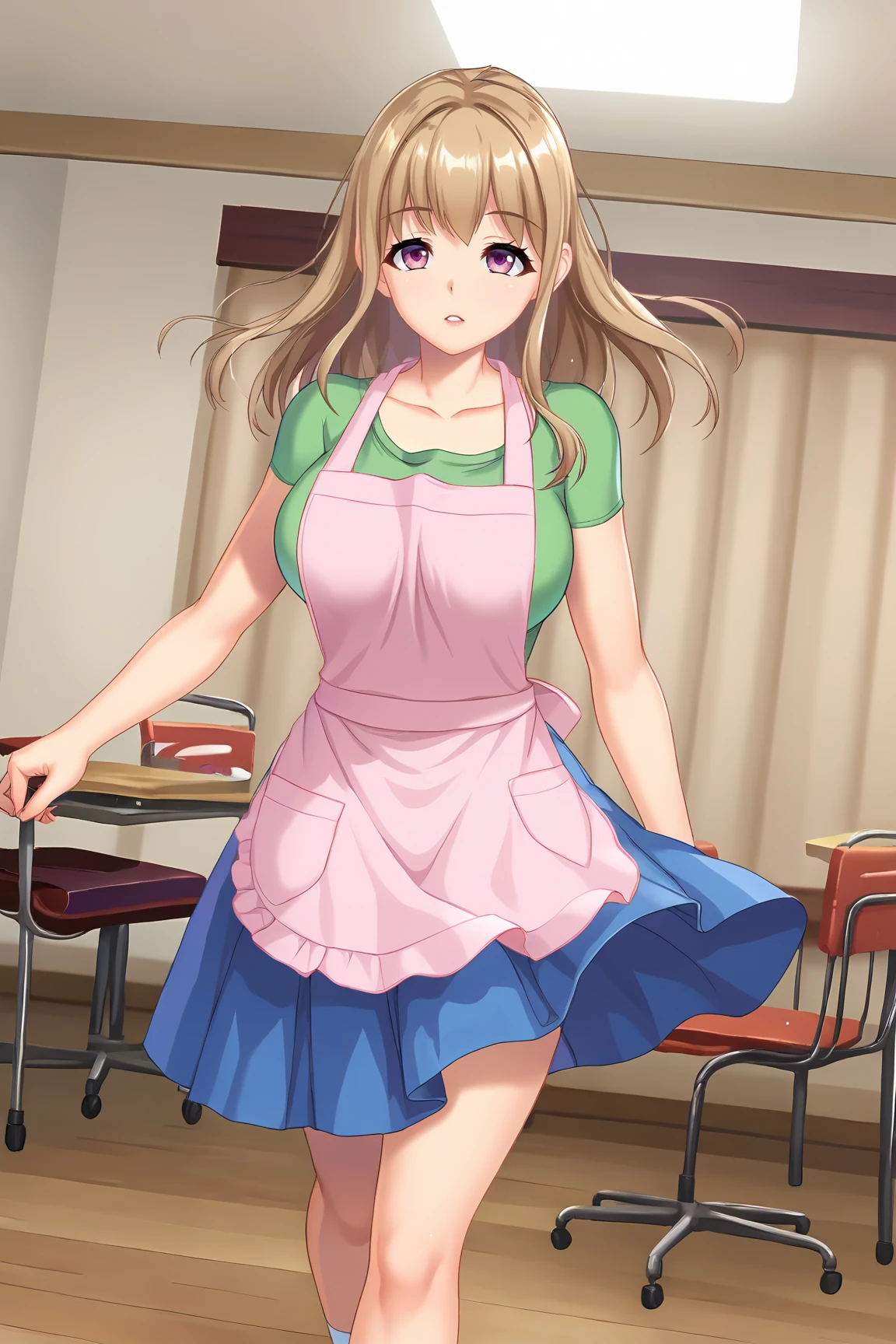 score_9, score_7_up, source_anime, 
BREAK
solo, 1girl, 
<lora:KoshimizuSanae-02:0.8>,
KoshimizuSanae, pink eyes, purple eyes,
pink apron, long apron, green shirt, shirt under apron, short sleeves, blue skirt, long skirt, pleated skirt, collarbone,
BREAK
Bashful, 
school, tables, chairs, 
running, wind, floating hair, 
dutch angle,