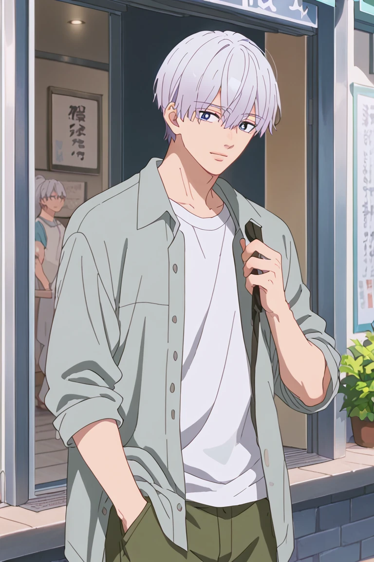 score_9, score_8_up, score_7_up, source_anime, rating_safe, ItsuomiASAff, grey Itsuomi hair, blue Itsuomi eyes, 1boy, male focus, anime screencap, shirt, pants, summer outfit