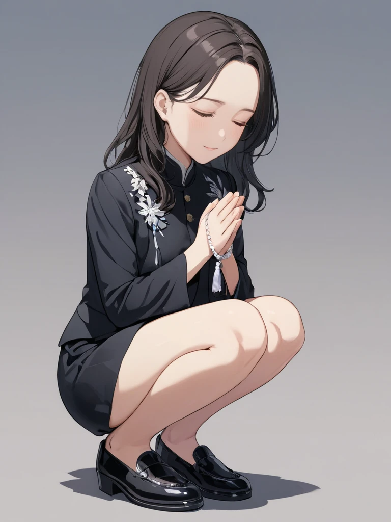 masterpiece,ultra-detailed,best quality,8K,illustration,cute face,clean skin ,shiny hair,girl,ultra-detailed-eyes,simple background, <lora:add-detail-xl:1> <lora:jyuzu_XL_V1.0:1> jyuzu, own hands together, holding, jewelry,squatting,thighs,shoes,close eyes